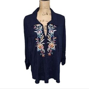 Anthropologie x RD & KOKO Floral Embroidered Roll Tab Sleeve Shirt Plus‎ Size 2X
